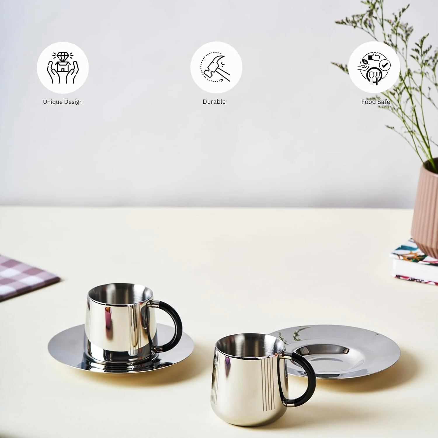 Designer Stainless Steel Fluted Cup & Saucer Set Of 2, Black & Chrome - Small, Deco Series | Double Walled Cup - Unbreakable Cups For Tea Coffee Mugs With Saucer | Serve Ware, Dinnerware & Tableware - Image 4