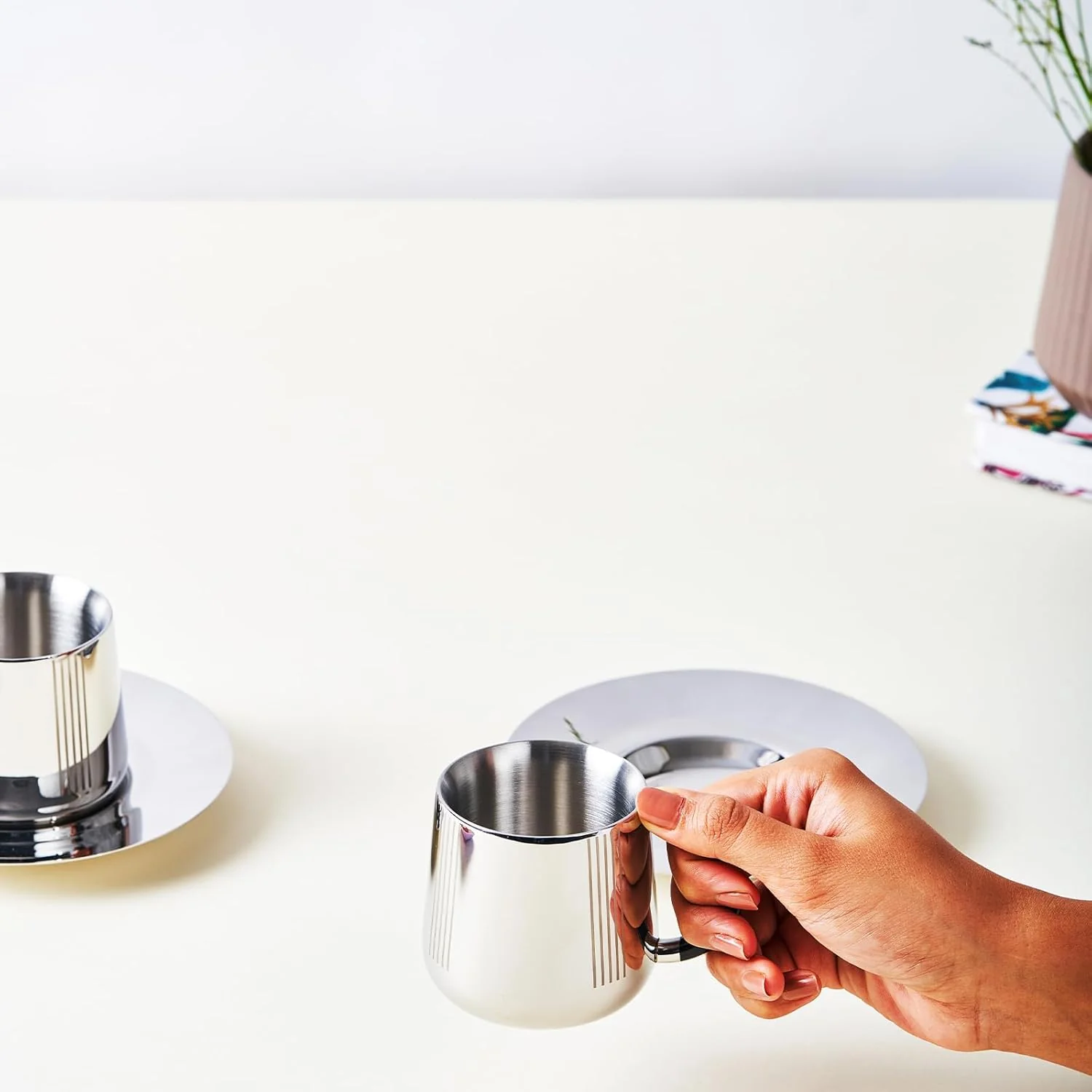 Designer Stainless Steel Fluted Cup & Saucer Set Of 2, Black & Chrome - Small, Deco Series | Double Walled Cup - Unbreakable Cups For Tea Coffee Mugs With Saucer | Serve Ware, Dinnerware & Tableware - Image 5