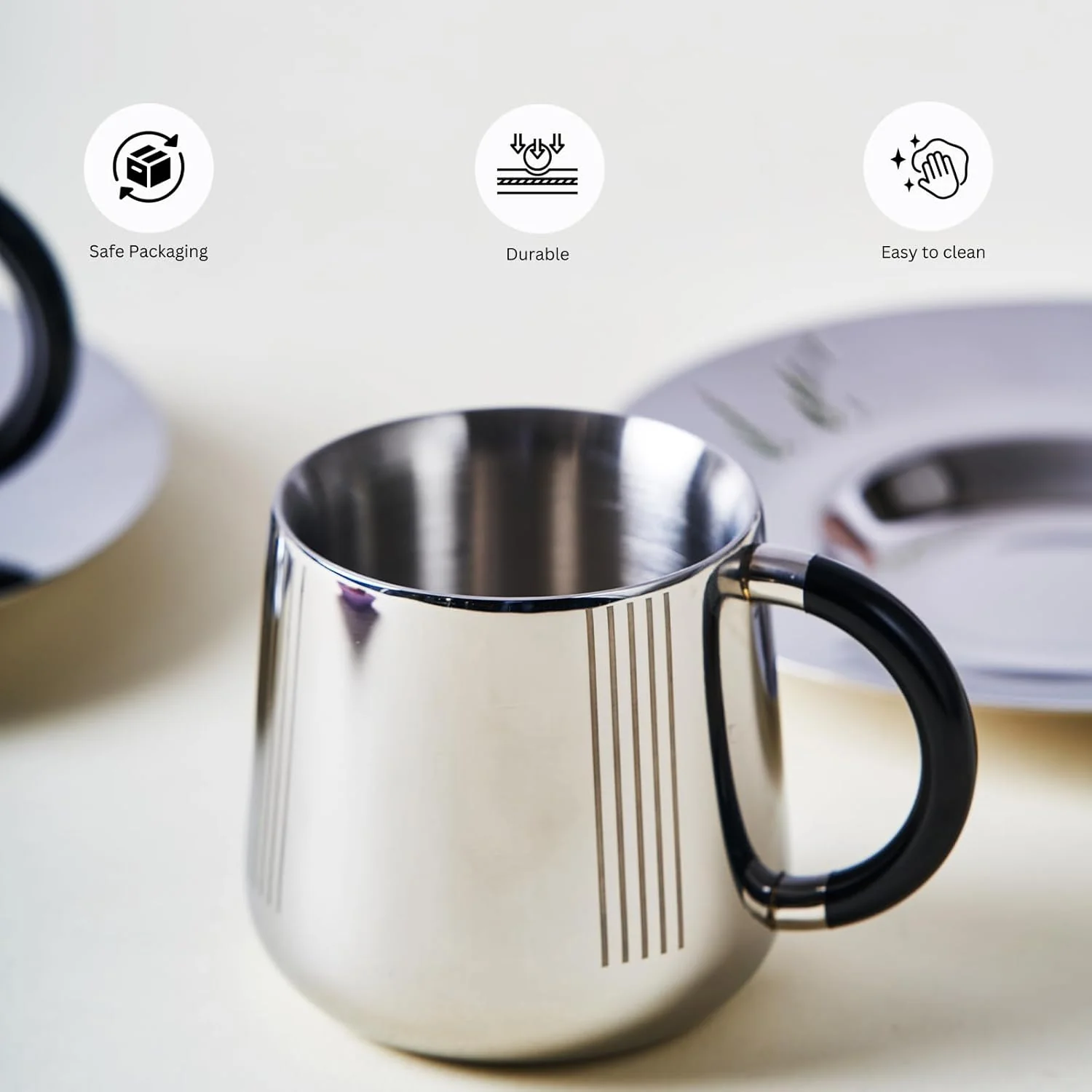 Designer Stainless Steel Fluted Cup & Saucer Set Of 2, Black & Chrome - Small, Deco Series | Double Walled Cup - Unbreakable Cups For Tea Coffee Mugs With Saucer | Serve Ware, Dinnerware & Tableware - Image 6