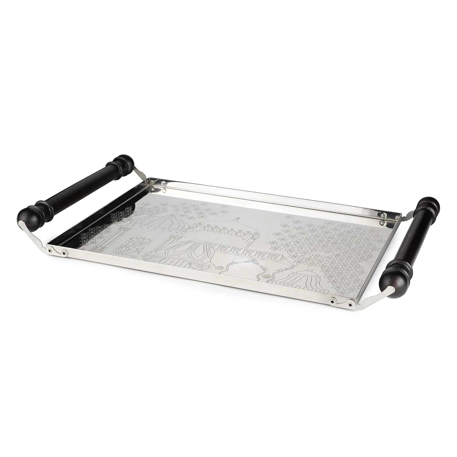 Designer Stainless Steel Serving Tray, Chrome & Black - Pink City Series | Corporate Gifting For Diwali - Premium Kitchen Hamper Dining Table Tray | Dishwasher Safe - Serve Ware & Tableware - Image 3