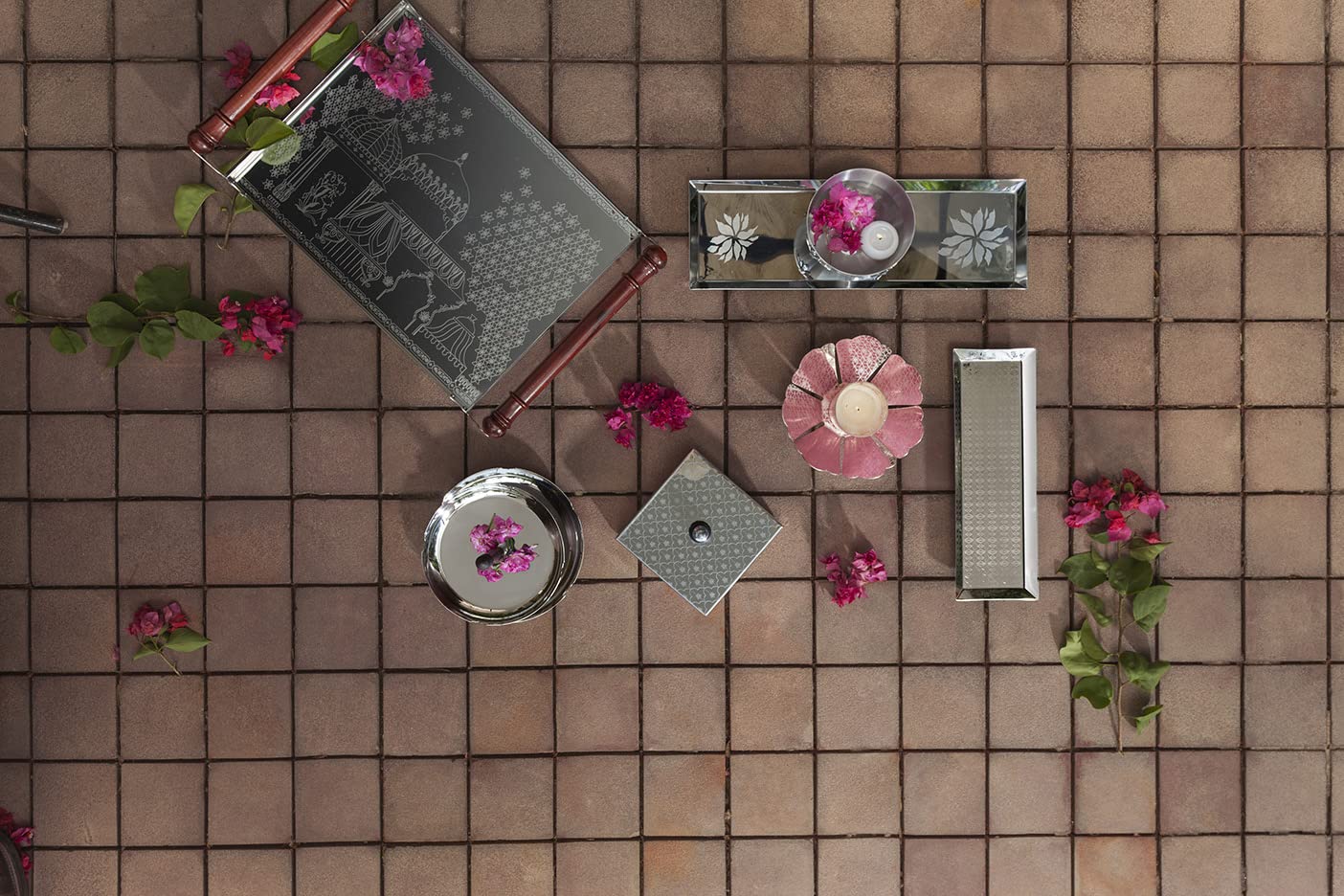Designer Stainless Steel Serving Tray, Chrome & Black - Pink City Series | Corporate Gifting For Diwali - Premium Kitchen Hamper Dining Table Tray | Dishwasher Safe - Serve Ware & Tableware - Image 6
