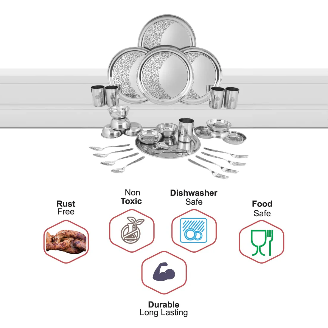 Designer Stainless Steel Shagun Laser Bloom Dinner Set Of 30 Pieces, Silver | 5 Dinner Plate+ 5 Glass+ 5 Bowl+ 5 Pudding Bowl+ 5 Dinner Spoon+ 5 Dinner Fork - Image 4