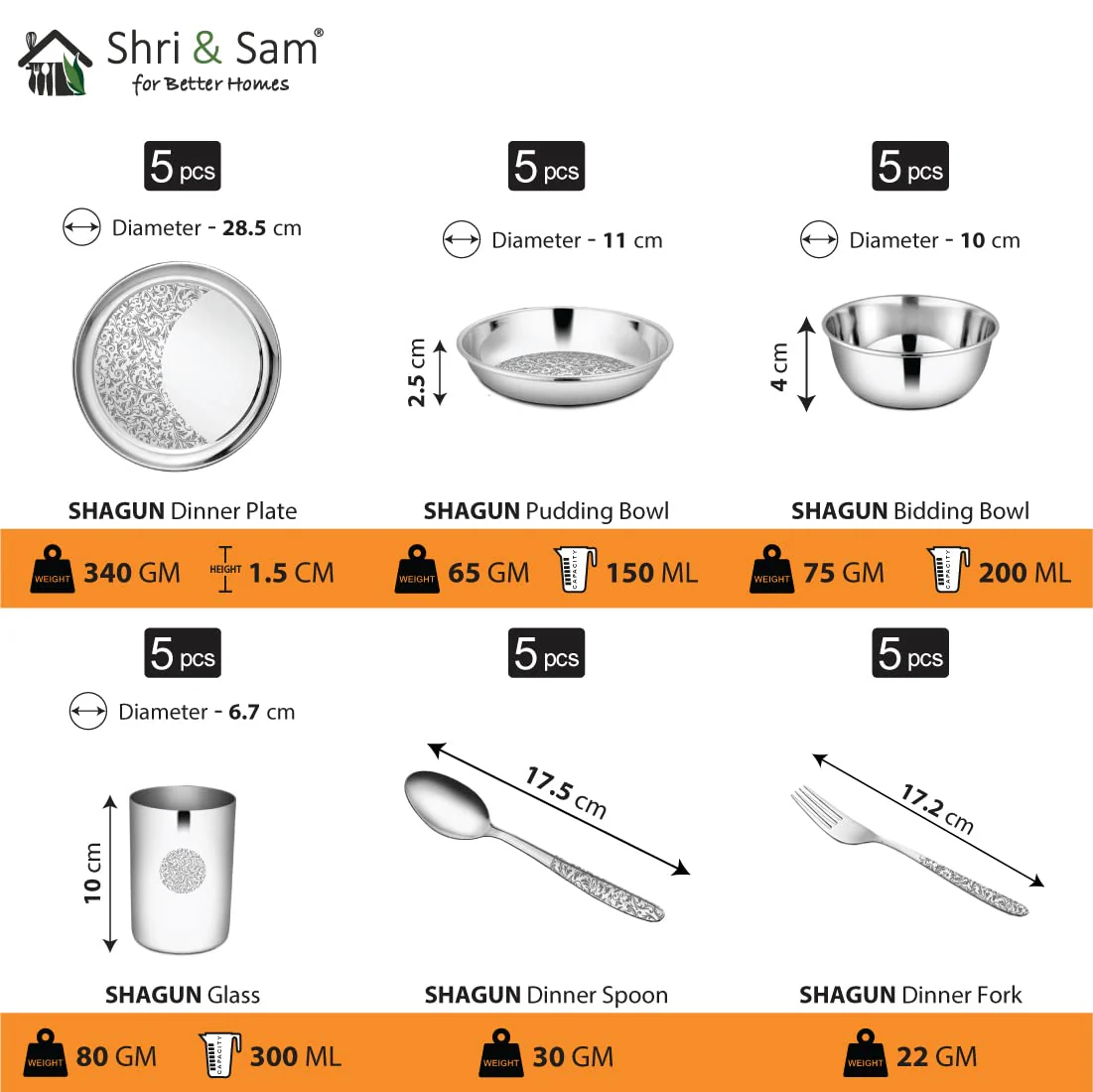 Designer Stainless Steel Shagun Laser Bloom Dinner Set Of 30 Pieces, Silver | 5 Dinner Plate+ 5 Glass+ 5 Bowl+ 5 Pudding Bowl+ 5 Dinner Spoon+ 5 Dinner Fork - Image 5