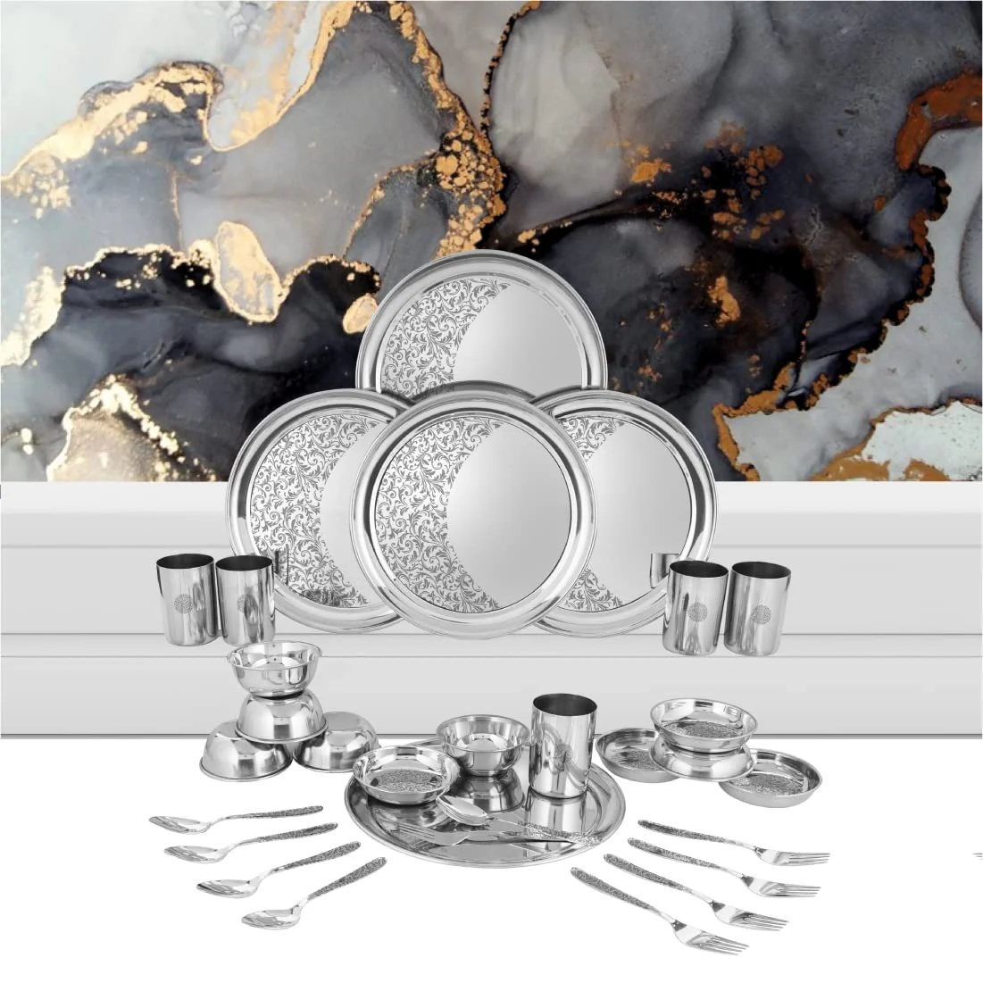 Designer Stainless Steel Shagun Laser Bloom Dinner Set Of 30 Pieces, Silver | 5 Dinner Plate+ 5 Glass+ 5 Bowl+ 5 Pudding Bowl+ 5 Dinner Spoon+ 5 Dinner Fork - Image 6