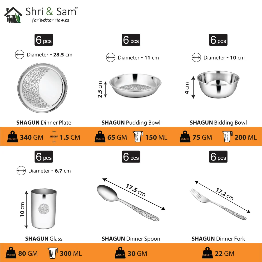Designer Stainless Steel Shagun Laser Bloom Dinner Set Of 36 Pieces, Silver | 6 Dinner Plate+ 6 Glass+ 6 Bidding Bowl+ 6 Pudding Bowl+ 6 Dinner Spoon+ 6 Dinner Fork - Image 2
