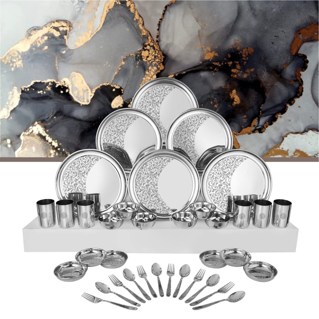 Designer Stainless Steel Shagun Laser Bloom Dinner Set Of 36 Pieces, Silver | 6 Dinner Plate+ 6 Glass+ 6 Bidding Bowl+ 6 Pudding Bowl+ 6 Dinner Spoon+ 6 Dinner Fork - Image 3