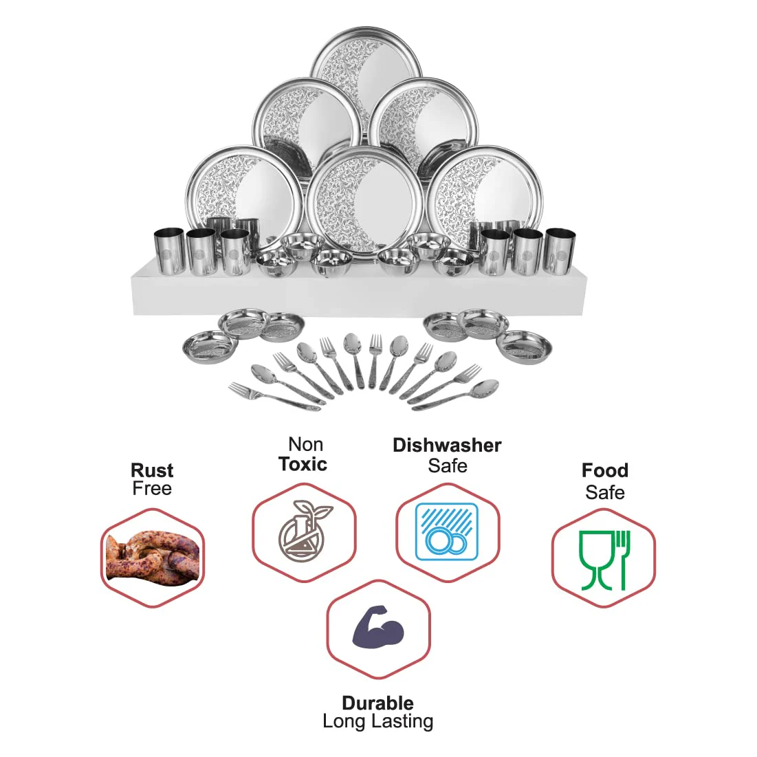 Designer Stainless Steel Shagun Laser Bloom Dinner Set Of 36 Pieces, Silver | 6 Dinner Plate+ 6 Glass+ 6 Bidding Bowl+ 6 Pudding Bowl+ 6 Dinner Spoon+ 6 Dinner Fork - Image 4