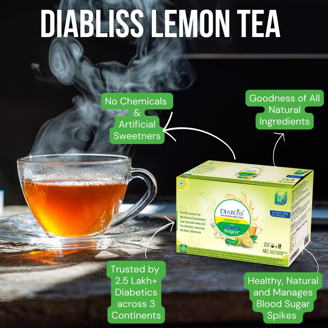 Diabliss Premix Instant Lemon Green Tea With Diabetic Friendly Sugar - 90 Sachets, Pack Of 3 X 300gm, 10.5 Ounce Each | Low Glycemic Index, No Chemical Sweeteners - Caffeine Free - Image 3