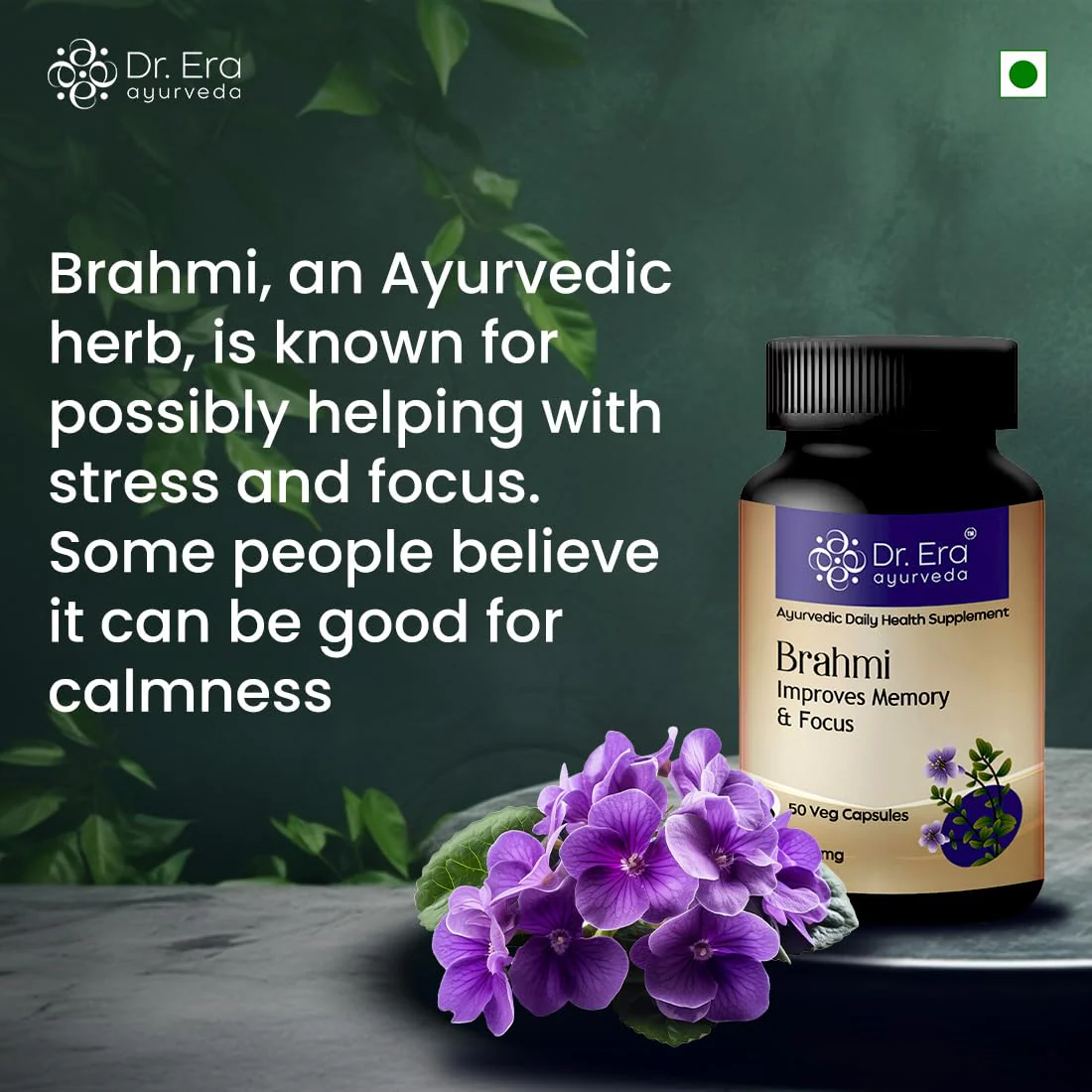 Dr. Era Ayurveda Brahmi Capsule, 600mg, Enhance Focus, Concentration | 50 Vegetarian Capsules 100gm 0.2lbs Each Pack Of 2 - Image 2