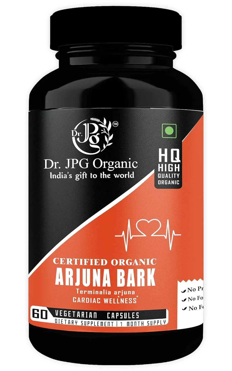 Dr. Jpg Organic Arjuna Bark For Heart Wellness, India Orgnaic Certified, Cardiac Wellness | 60 Veg Capsules 100gm 0.2lbs