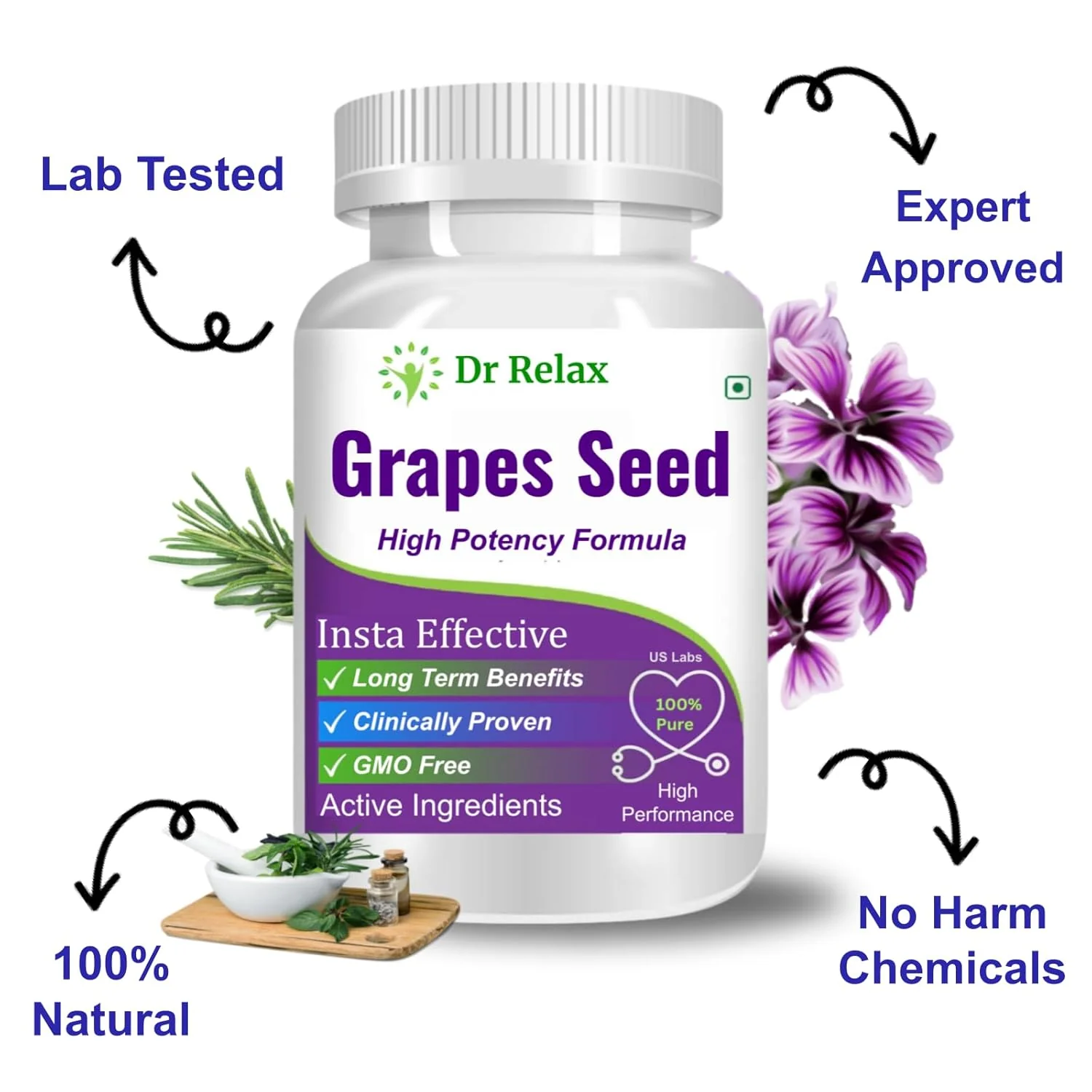 Dr Relax Extra Powerfull Grapes Seed Extract Capsules With 95% Polyphenols, High Potency Antioxidants Supplement For Healthy Cholesterol Level & Immunity | 60 Capsules 100gm 0.2lbs