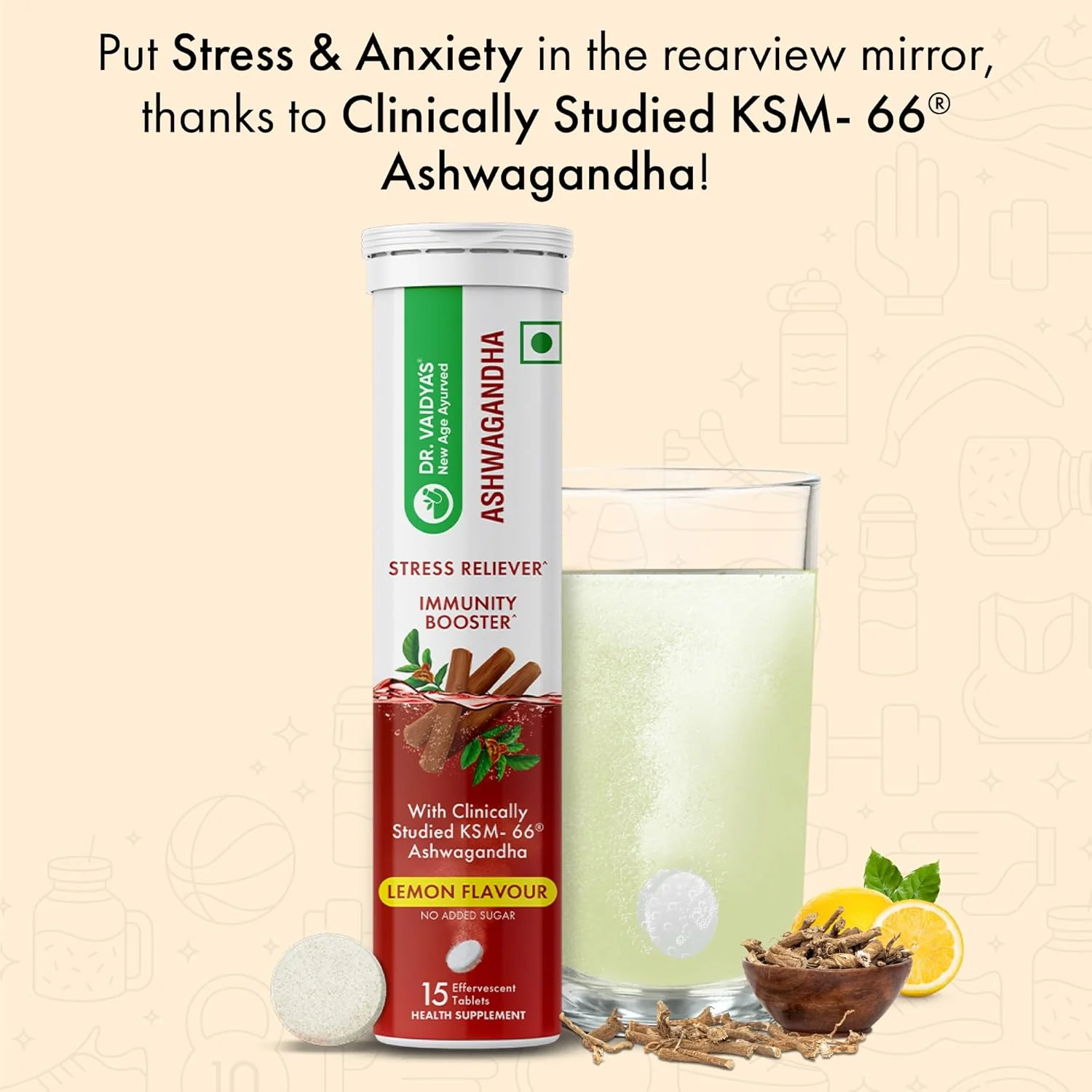 Dr. Vaidya's Ashwagandha Effervescent Tablets, Stress Reliever, Immunity Booster, Clinically Studied Ksm- 66 Ashwagandha | 15 Tablets Lemon 50gm 0.1lbs - Image 2