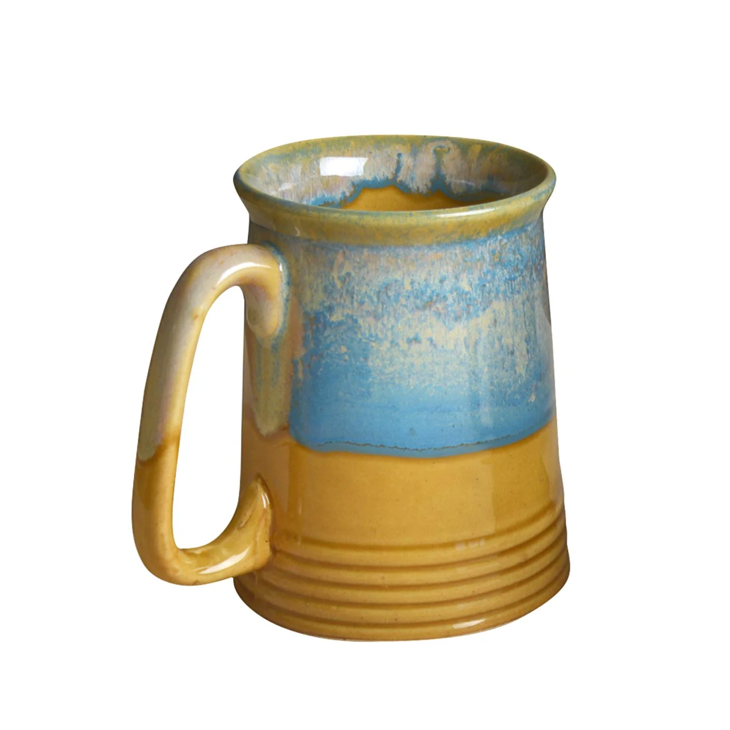 Dual Glazed Studio Pottery Ceramic Beer Mugs Set Of 2 - 650ml Each, Mustard Yellow & Teal | Milk Mugs - Coffee Mugs - Image 3