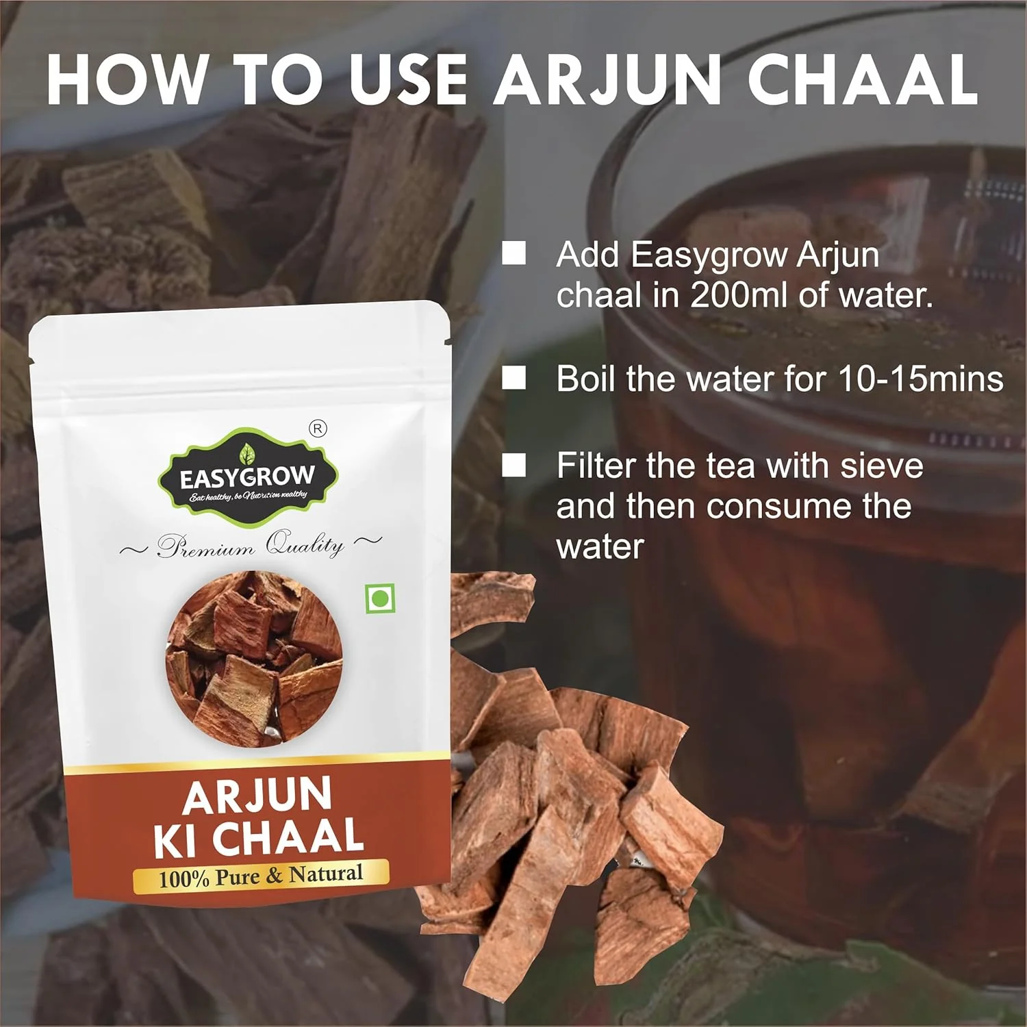Easygrow Arjun Ki Chaal Dried Arjun Tree Bark, Raw Terminalia Arjuna Bark Lowers Bad Cholesterol | 800gm 1.7lbs - Image 3