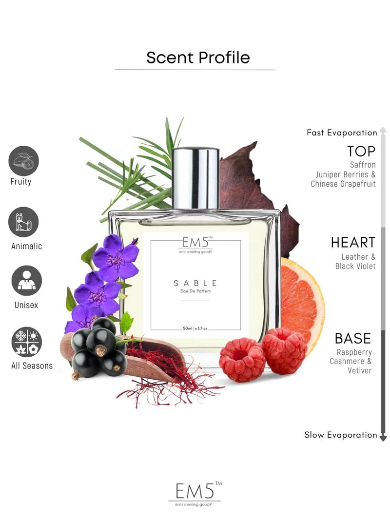 EM5 Sable Unisex Eau De Parfum 50 Ml 1.7 Fl.oz. | Strong And Long Lasting | Fruity Leather Aromatic | Luxury Gift For Men & Women - Image 2