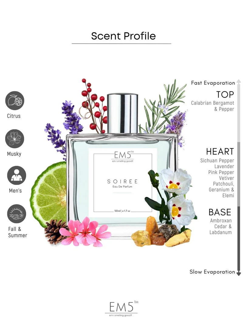 EM5 Soiree Eau De Parfum For Men 50 Ml 1.7 Fl.oz. | Strong & Long Lasting | Spicy Amber Citrus | Luxury Gift For Men - Image 2
