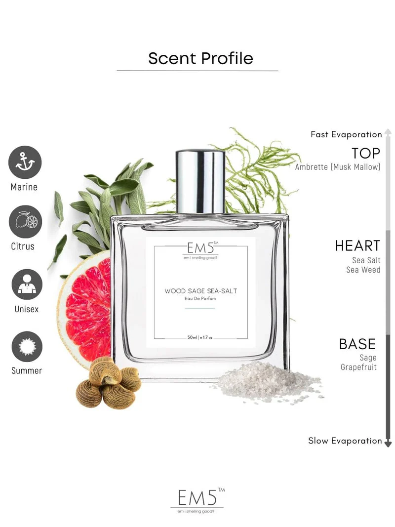EM5 Wood Sage Sea Salt Unisex Eau De Parfum 1.7 Fl.oz. | Spray For Men & Women | Strong And Long Lasting Fragrance | Aromatic Musky Marine | Luxury Gift For Men / Women - Image 2