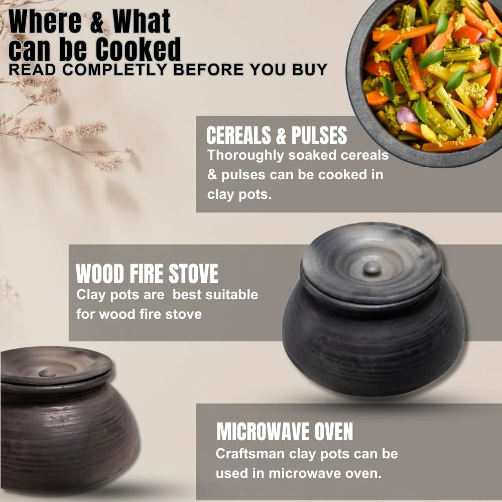 Exclusive Range Unglazed Clay Biryani Handi With Lid 2 Liters + 3 Liters, Pack Of 2 | Earthen Pot For Cooking With Lid, Black - Image 5