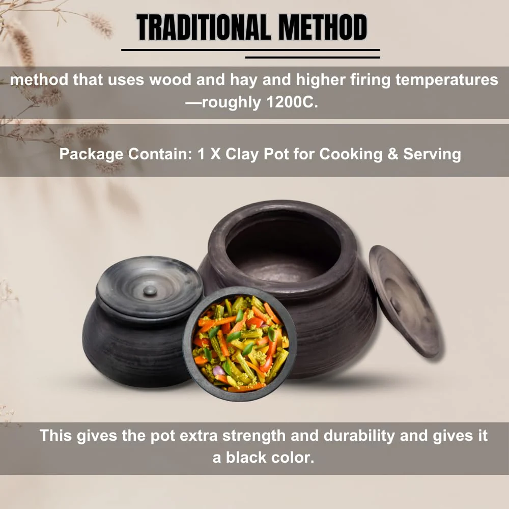 Exclusive Range Unglazed Clay Biryani Handi With Lid 3 Liters - Pack Of 2 | Earthen Pot For Cooking With Lid, Black - Image 6