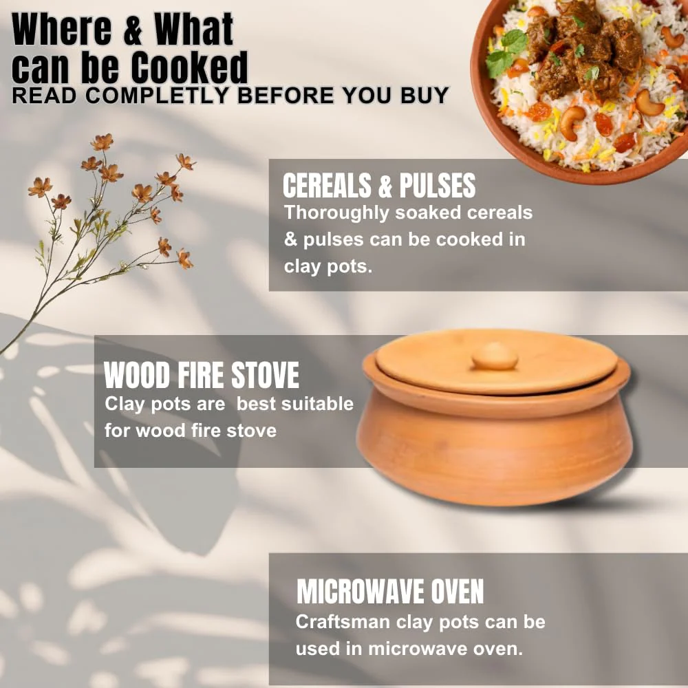 Exclusive Range Unglazed Clay Handi | Earthen Kadai | Clay Pot For Cooking & Serving -1.5 Liters Pack Of 2, Red-Ochre (Gerua) - Image 3