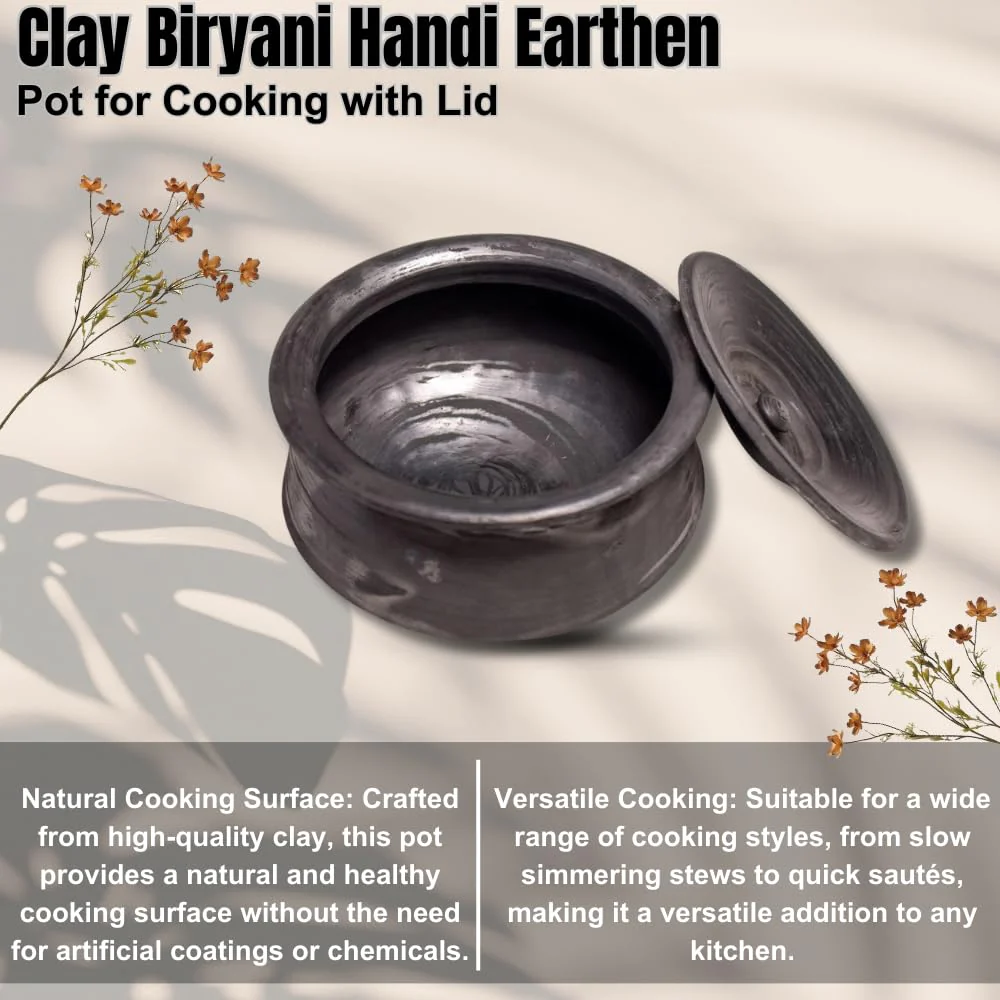 Exclusive Range Unglazed Clay Handi With Lid 2 Liters - Pack Of 2 | Biryani Handi - Earthen Pots With Lid, Black - Image 6