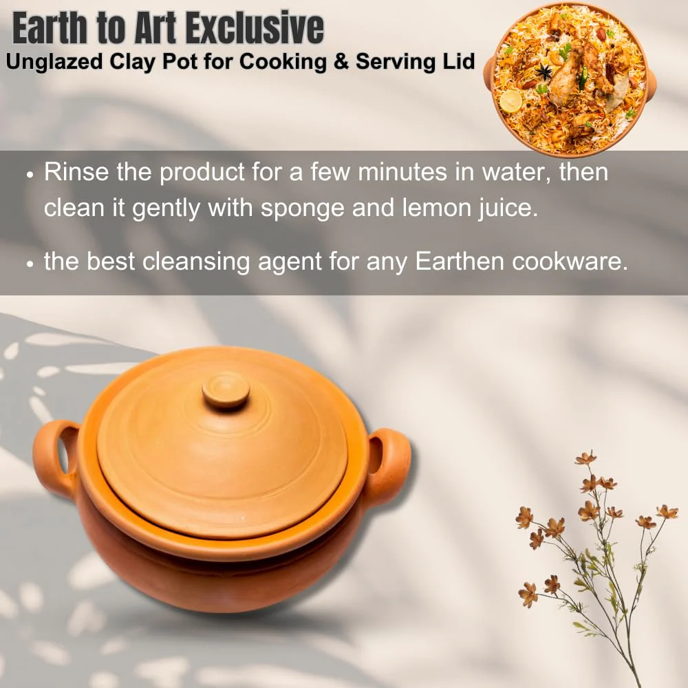 Exclusive Range Unglazed Clay Pot For Cooking & Serving Lid, Red-Ochre (Gerua) | Earthen Kadai - Mud Biryani Handi | Mitti Ke Bartan Mirror Shine 3.5 Liters, 2 Pieces - Image 2