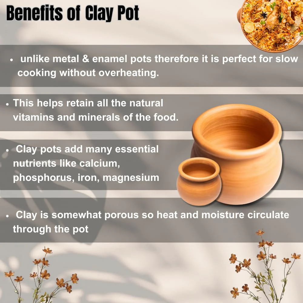 Exclusive Range Unglazed Clay Pot For Cooking & Serving With Lid 2 Liters + 3 Liters, Pack Of 2 | Biryani Handi - Earthen Kadai - Mud Handi - Mitti Ke Bartan With Mirror Shine - Image 3