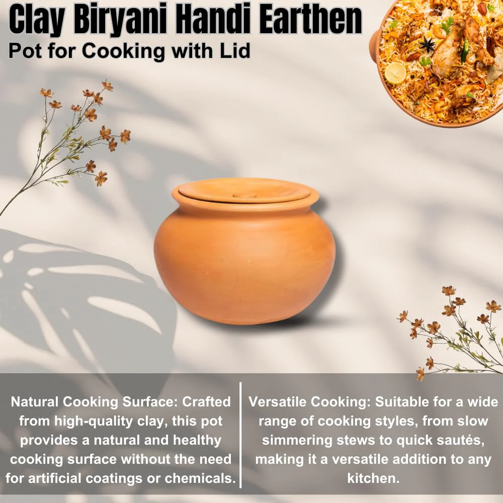 Exclusive Range Unglazed Clay Pot With Lid 1.5 Liters, Pack Of 2 | Lassi - Dahi - Yoghurt Handi | Biryani Handi - Earthen Kadai - Mud Handi | Mitti Ke Bartan With Lid - Image 6