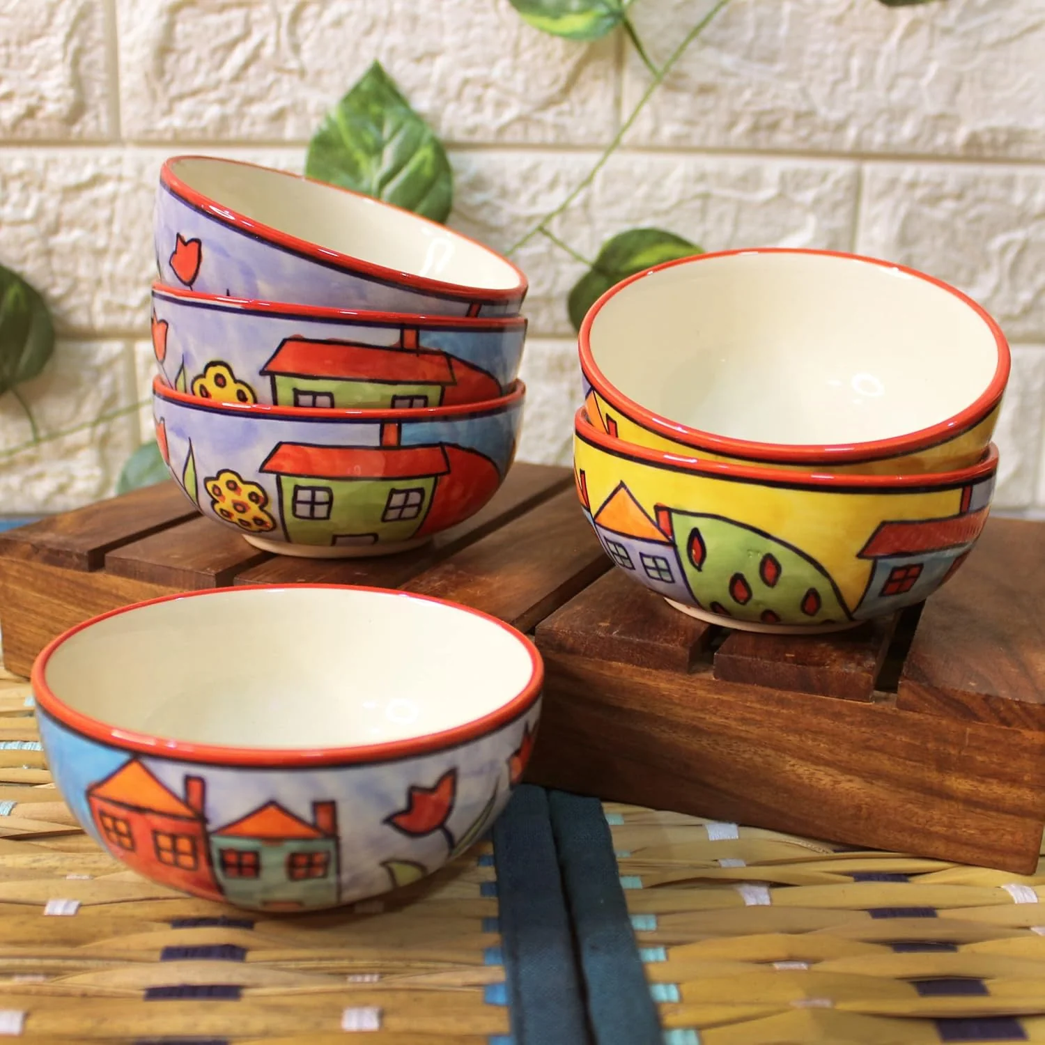 Exotic Panorama Hand Painted Ceramic Dining Bowl Katoris - 6 Pieces, 180ml Each, Multicolor | Ceramic Bowls - Serving Bowls For Dinner, Snacks & Dessert - Microwave Safe - Image 3