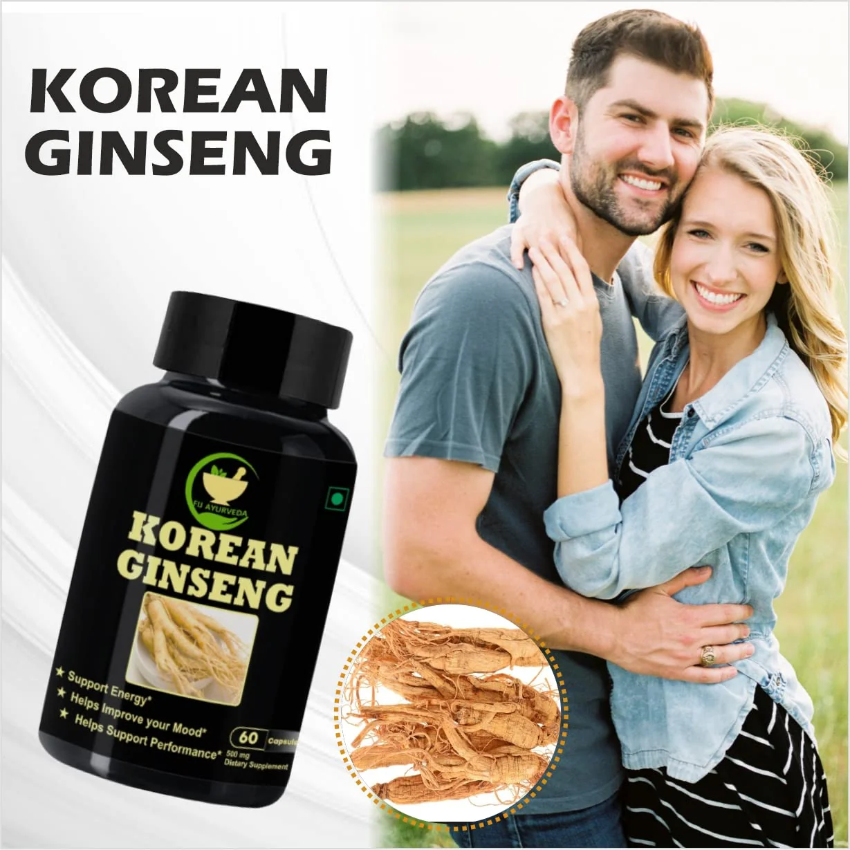 Fij Ayurveda Korean Ginseng Root Extract Dietary Supplement, Strength, Stamina & Energy, 500mg | 60 Capsules 100gm 0.2lbs