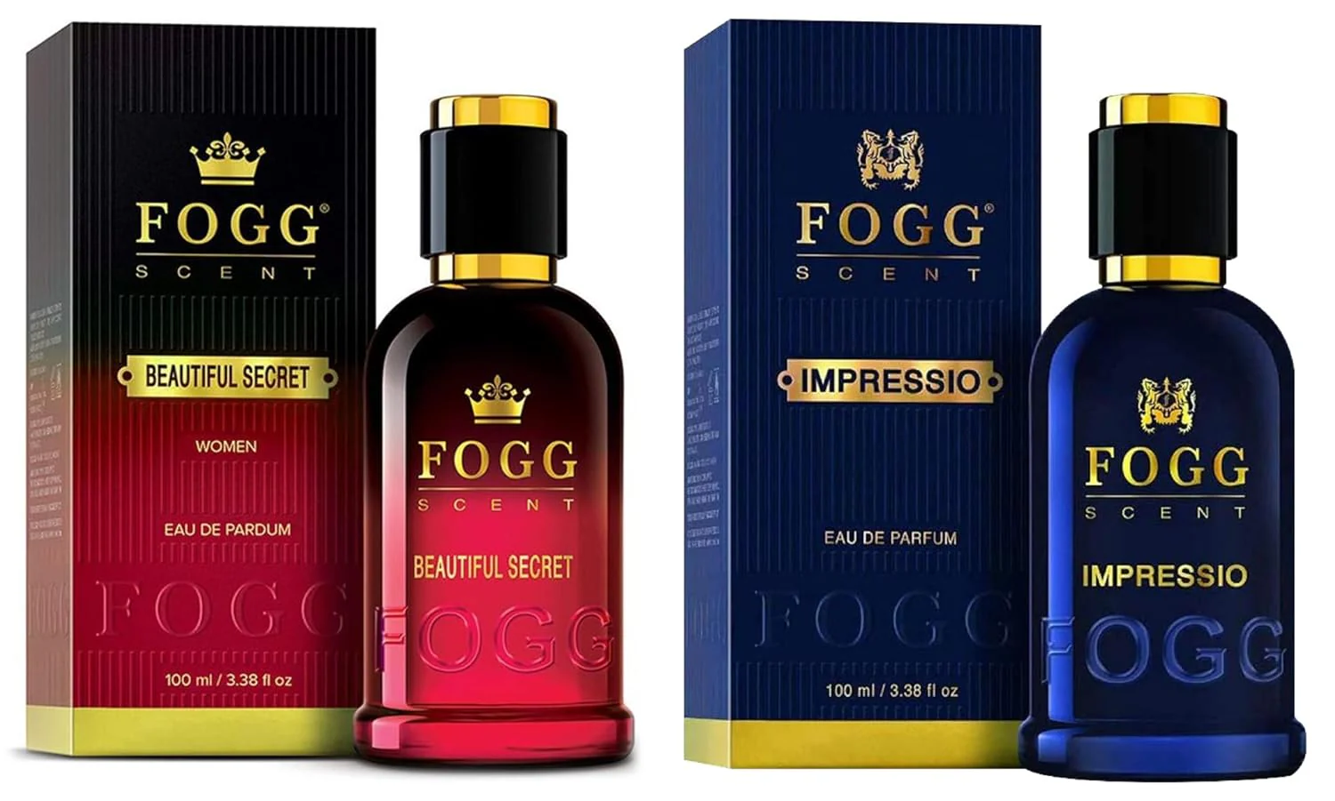 Fogg Scent Beautiful Secret Eau De Parfum For Women & Fogg Impressio Eau De Parfum For Men 100ml Each 3.4 Fl.oz.