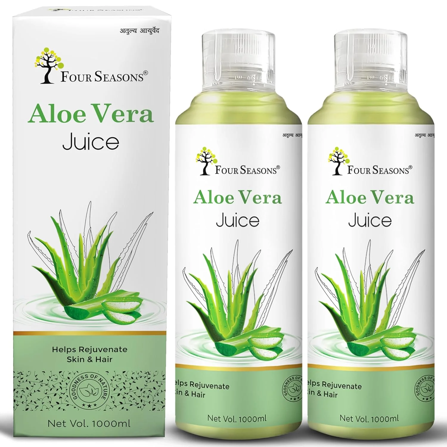 Four Seasons Aloevera Juice Rejuvenates Skin & Hair Natural Juice For Better Digestion & Glowing Skin, No Added Sugar | 100% Ayurvedic Natural Juice, 1000ml 2.2lbs Each Pack Of 2
