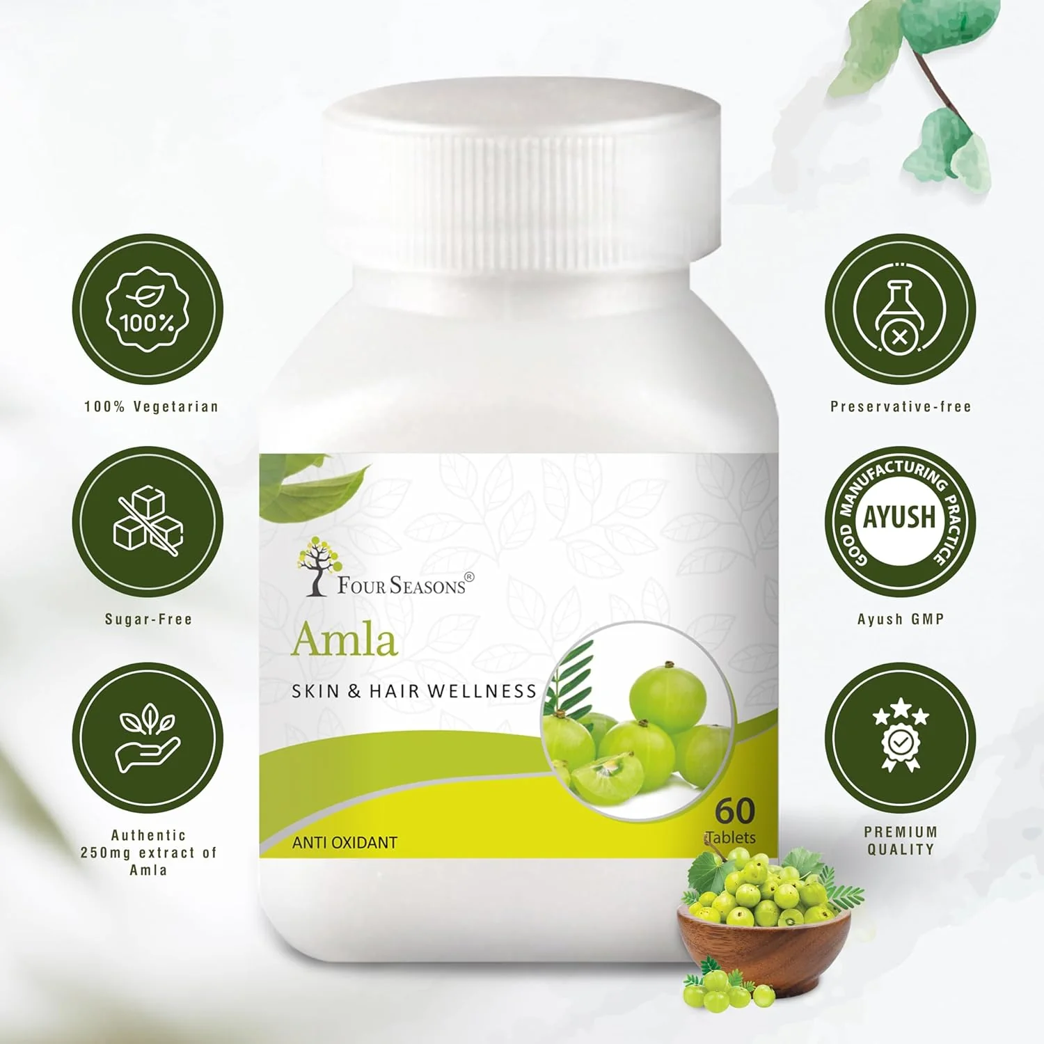 Four Seasons Amla Tablets Skin & Hair Wellness, Helps Strengthening The Immune System | 60 Tablets, 100gm 0.2lbs - Image 2