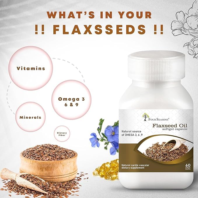 Four Seasons Ayurvedic Flax Seed Oil Softgel Capsule Omega 3, 6, 9, Helps Skin, Heart & Brain Health, Reducing Inflammation & Detoxifying The Body | 60 Softgel Capsule 100gm 0.2lbs - Image 2