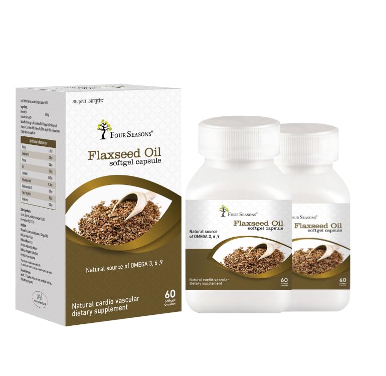 Four Seasons Ayurvedic Flax Seed Oil Softgel Capsule Omega 3, 6, 9, Helps Skin, Heart & Brain Health, Reducing Inflammation & Detoxifying The Body | 60 Softgel Capsule 100gm 0.2lbs Each Pack Of 2