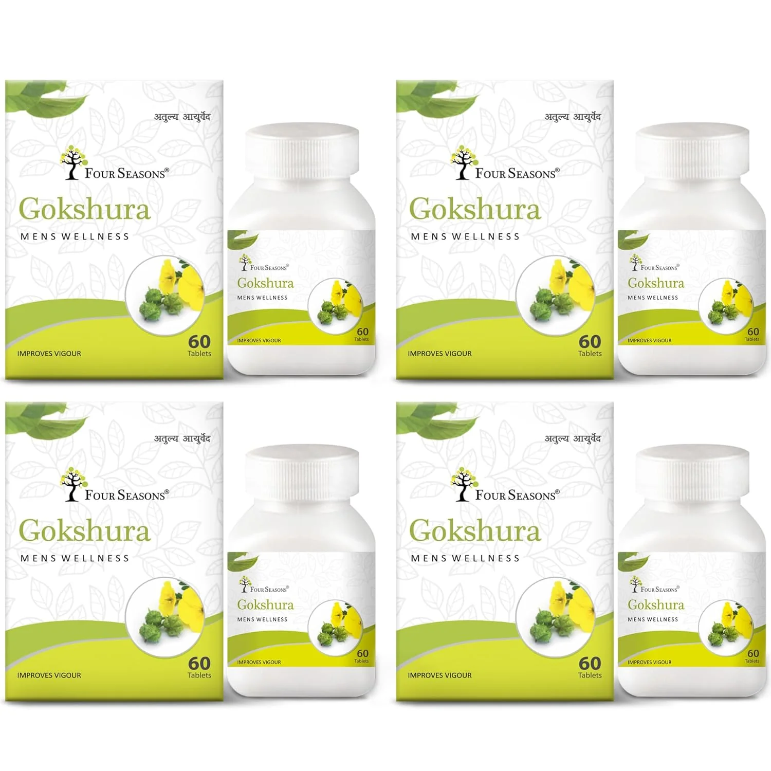 Four Seasons Gokshura, Boost Energy, Testosterone, Performance, Muscle, & Vigour, Maintain Urinary Health Tribulus Terrestris Gokhru , For Men & Women | 60 Tablets 100gm 0.2lbs Each Pack Of 4