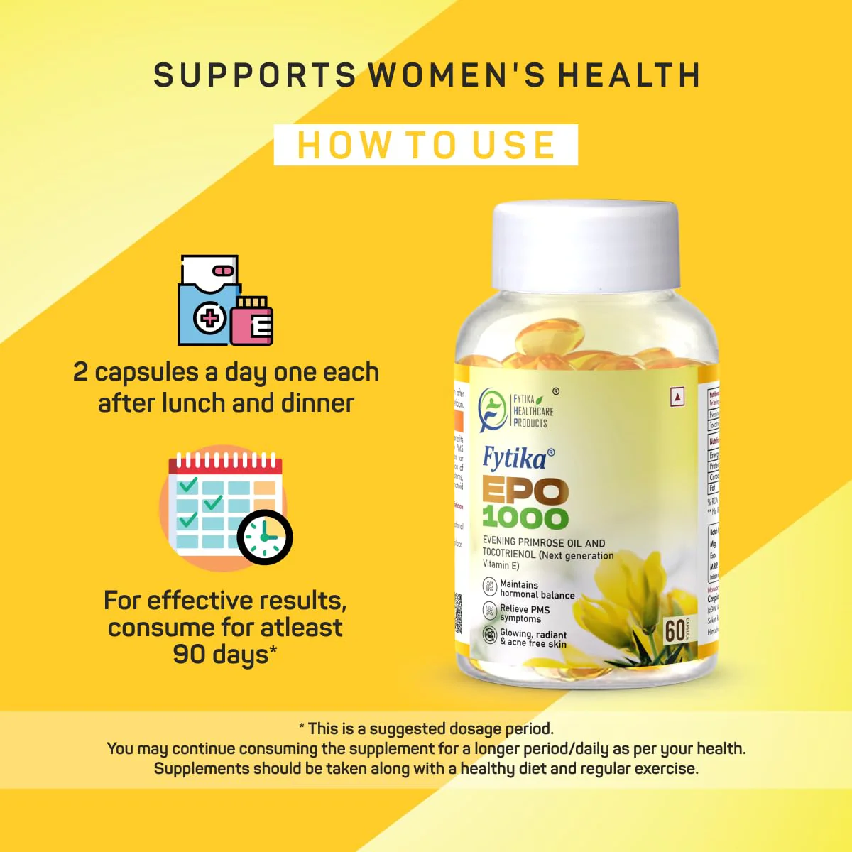 Fytika Epo 1000 Evening Primrose Oil And Tocotrienol Capsules For Healthy & Acne Free Skin Supports Hormonal Balance, Helpful In Pms & Menopause | 60 Softgels Capsules 100gm 0.2lbs - Image 5