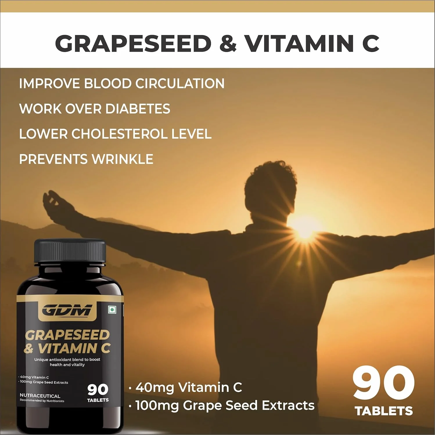 Gdm Grapeseed & Vitamin C Tablets, Improve Blood Circulation, Lower Cholesterol Level, Rich In Bioflavonoids | 90 Tablets 100gm 0.2lbs - Image 3