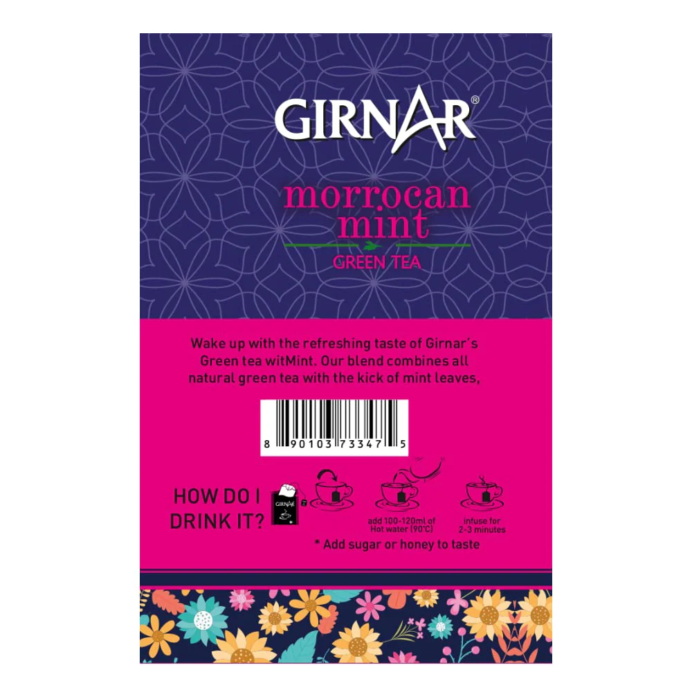 Girnar Refreshing Morrocan Mint Green Tea - 12gm, 0.4 Ounce, 10 Tea Bags | ?No Artificial Colors, No Artificial Flavor, No Preservatives - Caffeine Free Green Tea - Image 4