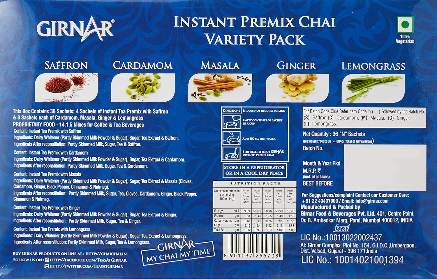Girnar Variety Pack Instant Premix Chai - 36 Sachets | 8 Sachets Each Of Cardamom, Ginger, Masala, Lemongrass + 4 Sachets Of Saffron Flavor - Caffeine Free - Image 3