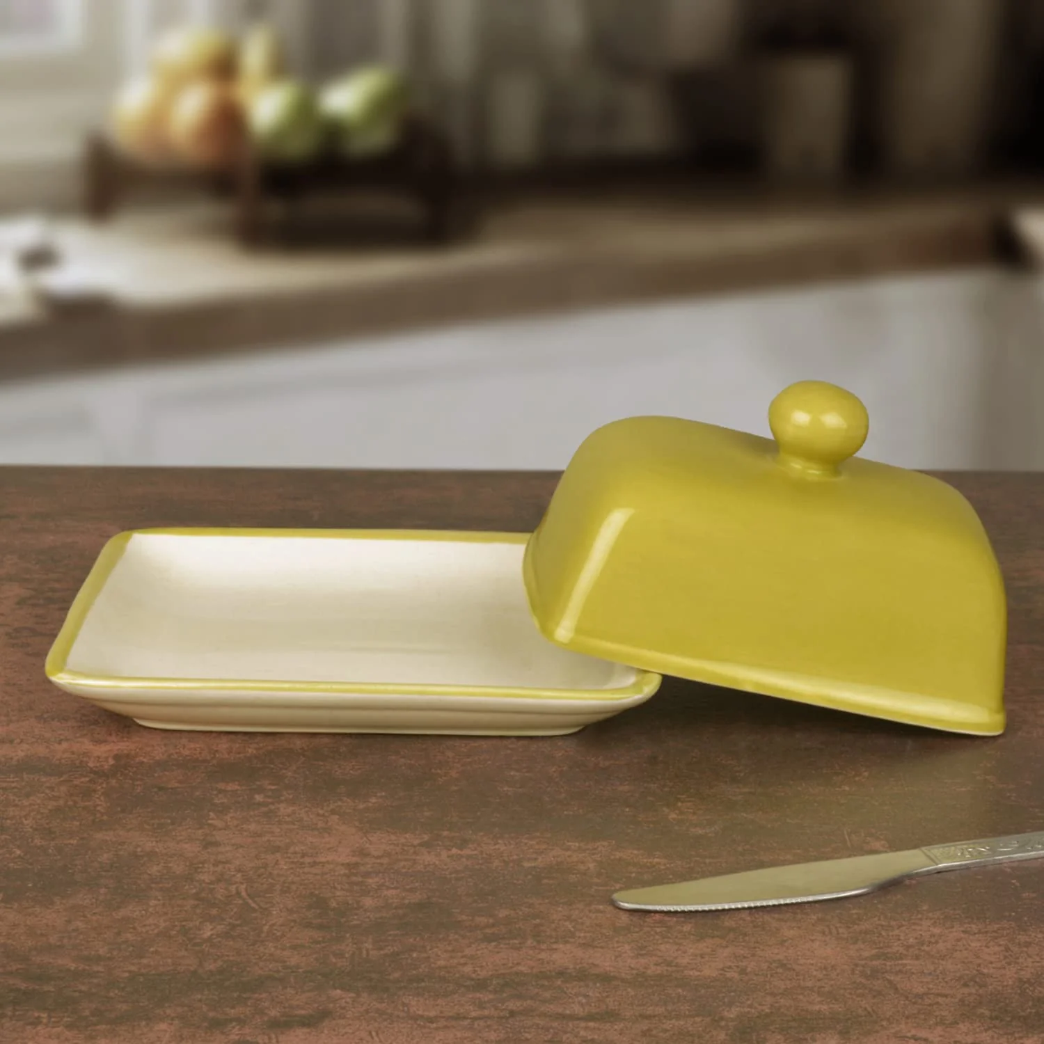 Glazed Ceramic Butter Dish With Lid - Lime Green, Height: 8 Cm | Butter Serving Set - Butter Container For 500 Gm - Image 2