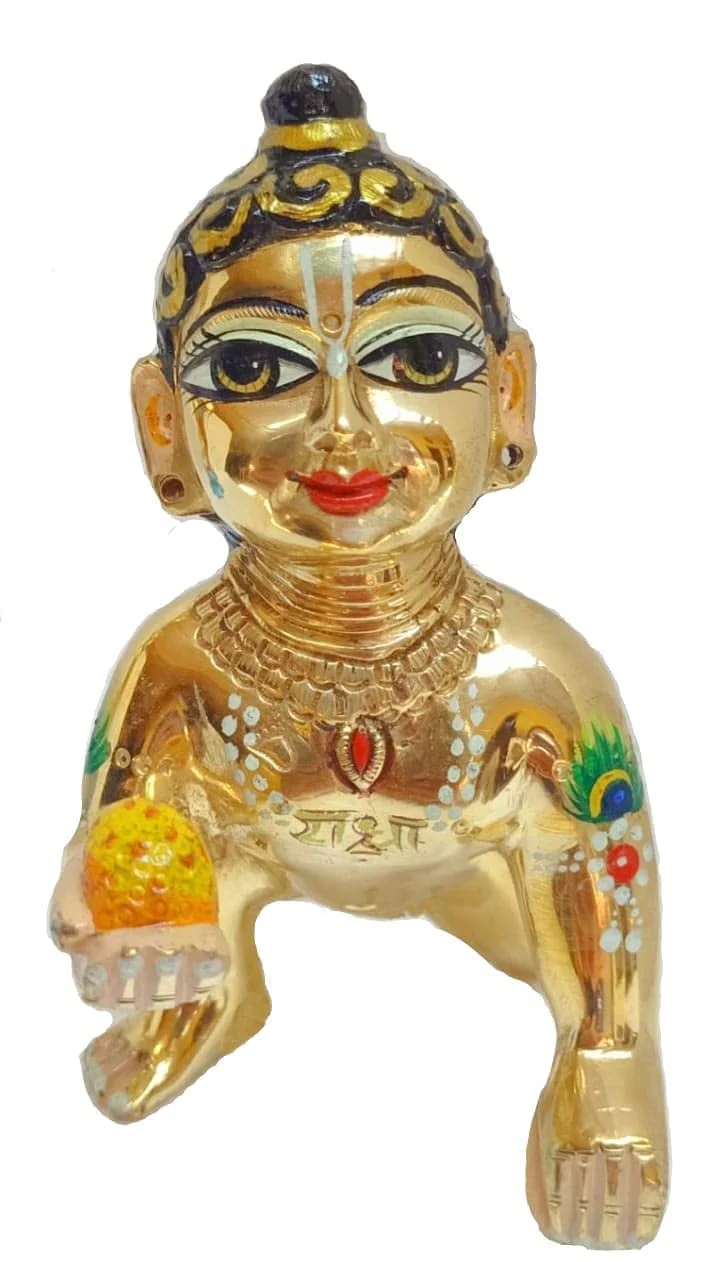 Gold Designer Attractive Pure Ashtadhatu Laddu Gopal Ji, Brass, Gold - Size No.3, Handmade Statue, Metal Baby Krishna, All Occasion, Kanhaiya Religious Idol