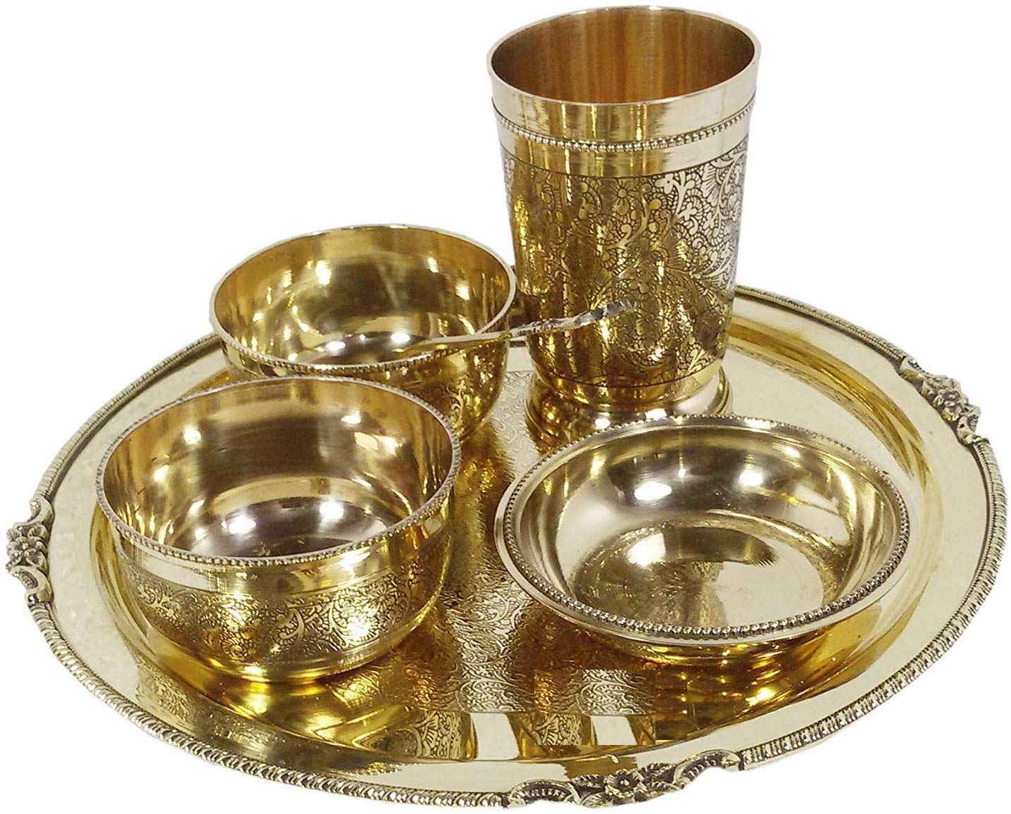Golden Brass Thali Set Luxury Spoon Restaurant Ware - For Home & Hotel 6 Pieces Set | 1 Thali+ 2 Bowl+ 1 Sweet Plate+ 1 Glass+ 1 Spoon - Image 5
