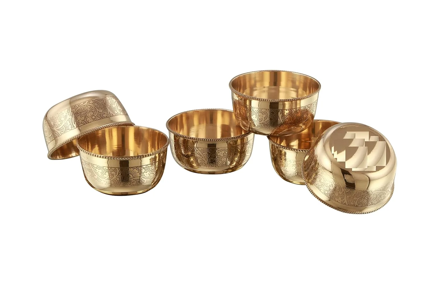 Golden Pure Brass Bowl Set Of 6 - 150ml Each | Embossed Flower Design - Serving Indian Food Bowl Or Katora | Antique Elegant Design - Image 2
