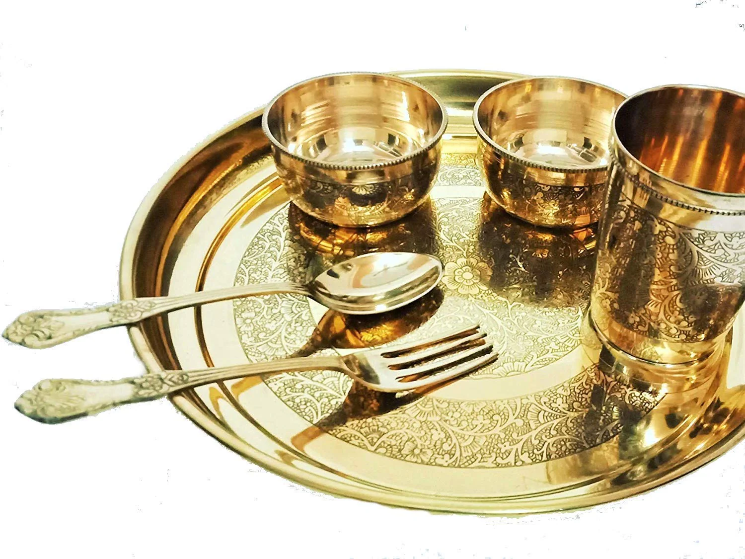 Golden Pure Brass Engraved Thali Set Of 6 Pieces - 1 Plate+ 1 Glass+ 2 Bowl+ 1 Spoon+ 1 Fork | Flowers Design Dinner Set - Image 2