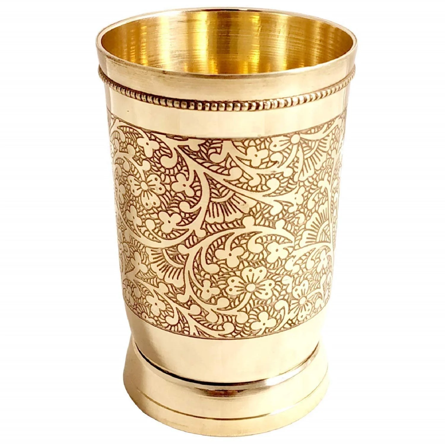 Golden Pure Brass Glass Tumbler Set Of 2 - Capacity 250ml Of Each Glass | Mughlai Style Embossed Design Glass Tumblers - Image 5