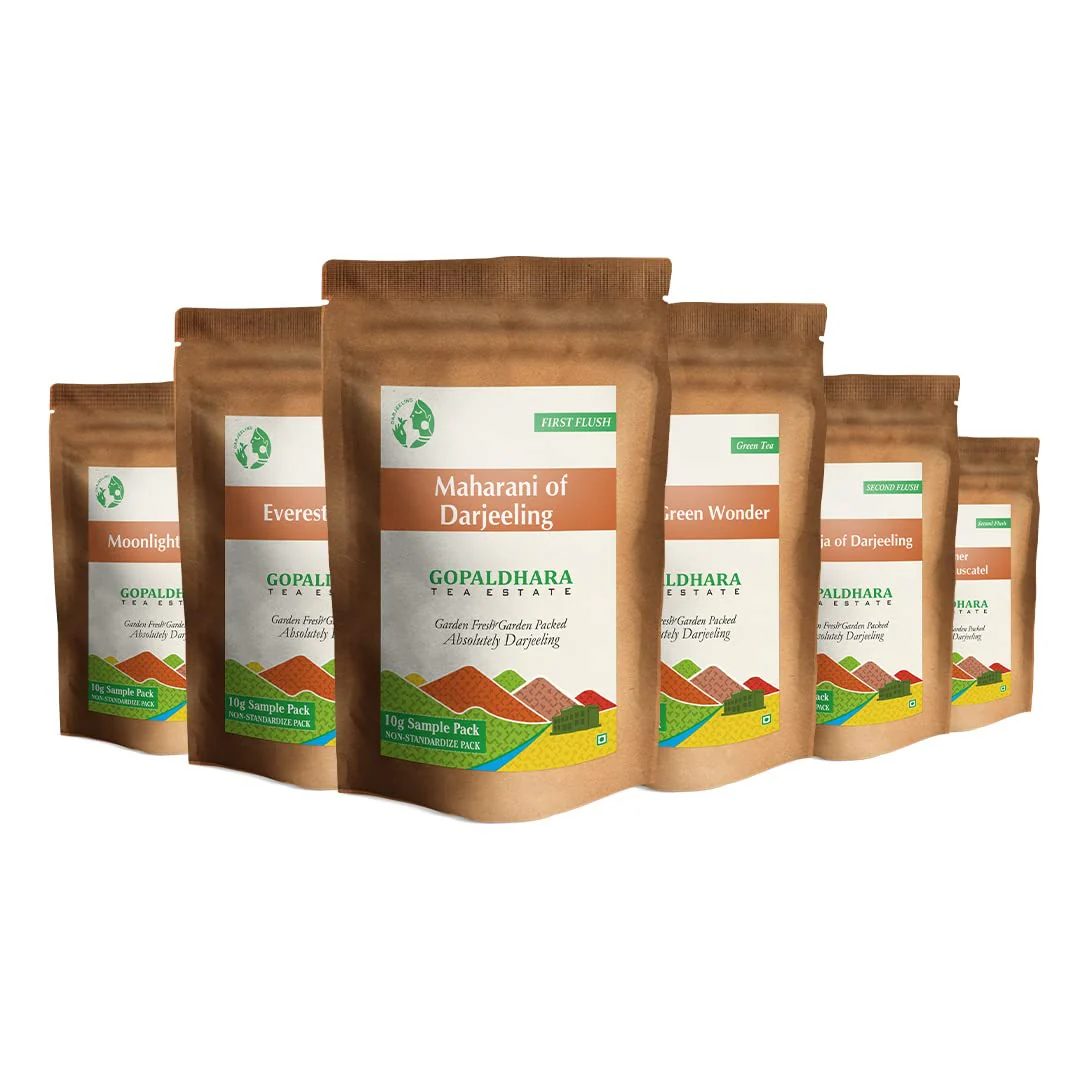 Gopaldhara Darjeeling Royal Series Tea Sample Pouches - Pack Of 6 Teas X 10gm, 0.35 Ounce Each | First Flush+ White Tea+ Second Flush+ Green Tea Chai Patti - Low Caffeine Loose Leaves