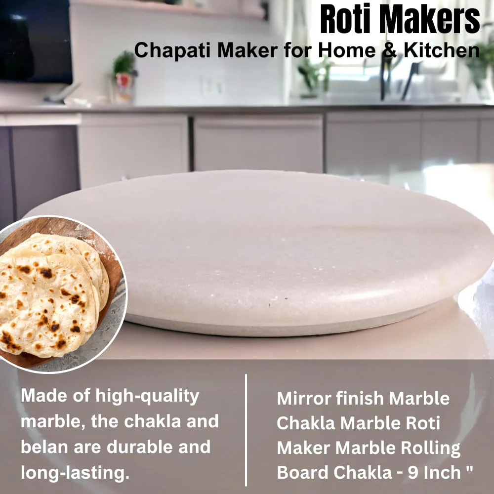 Green + White Marble Chakla 9 Inch | Rolling Pin Board - Roti Maker - Phulka Maker | Chapati Maker For Home & Kitchen - Full Finished Marble Roti Maker Kitchen Utensil - Image 4
