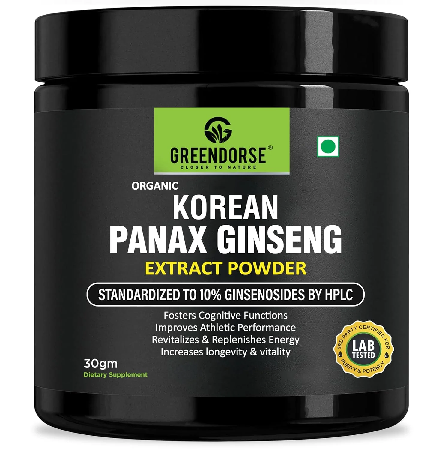 Greendorse Organic Korean Panax Ginseng Extract Powder 10% Active Ginsenosides By Hplc, Immune & Cognitive Support, Boosts Energy, Stamina, Vegan Friendly | 30gm 0.06lbs