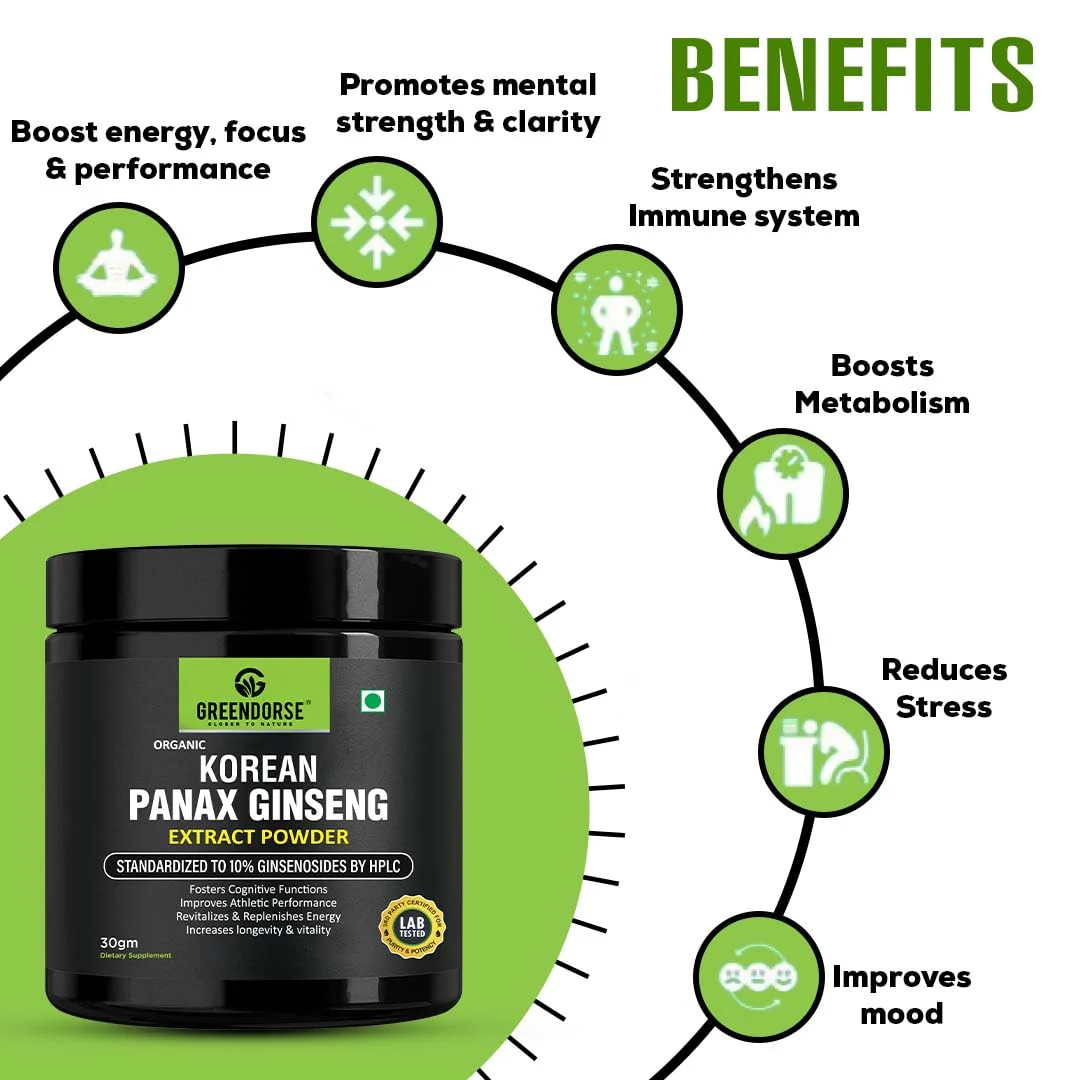 Greendorse Organic Korean Panax Ginseng Extract Powder 10% Active Ginsenosides By Hplc, Immune & Cognitive Support, Boosts Energy, Stamina, Vegan Friendly | 30gm 0.06lbs - Image 4